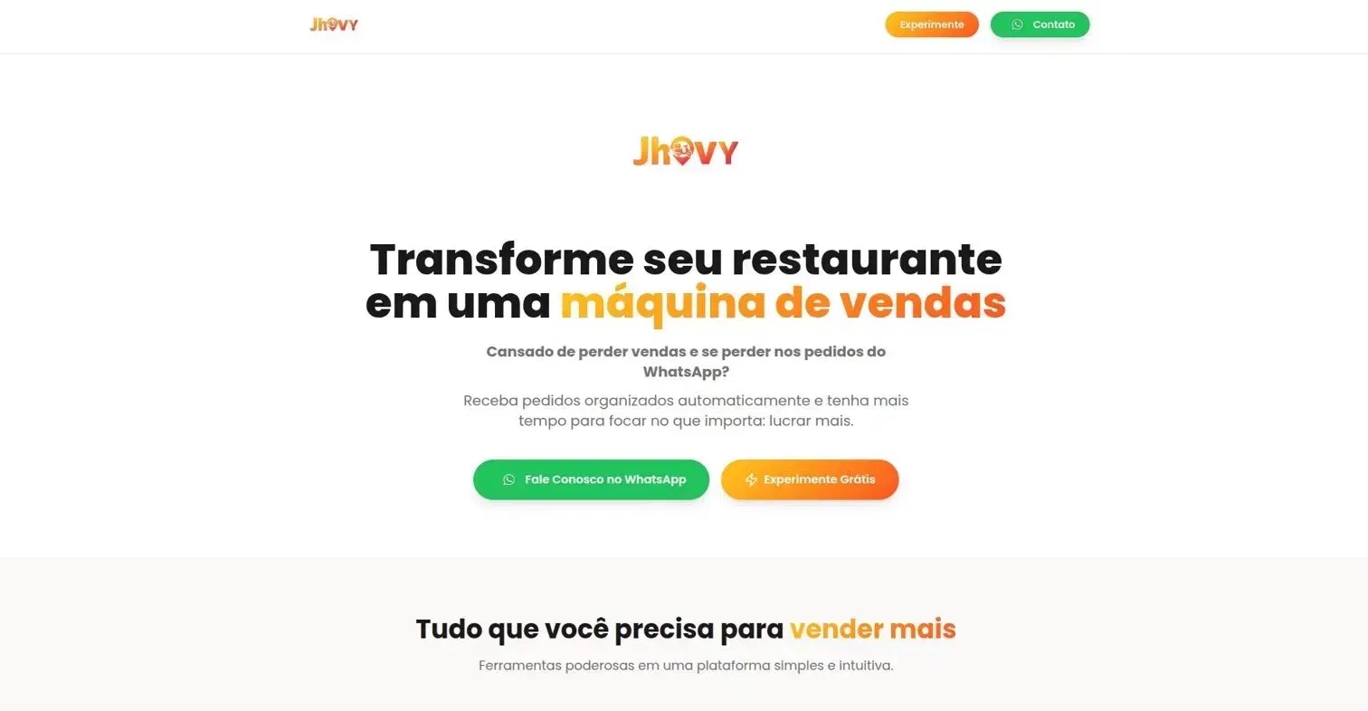 Landing page do Jhovy para gestão de pedidos de restaurantes